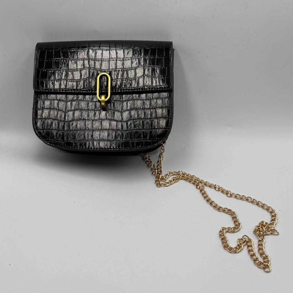 Croc Embossed Crossbody Bag Small Black Gold Chain Mob Wife Chic